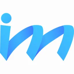 Abstrakcyjne logo w kształcie litery 'm' utworzone z błękitnej wstęgi z gradientem, na białym tle.