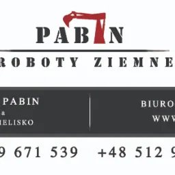 Logo firmy PABIN Roboty Ziemne z graficznym symbolem koparki, dane adresowe i kontaktowe.