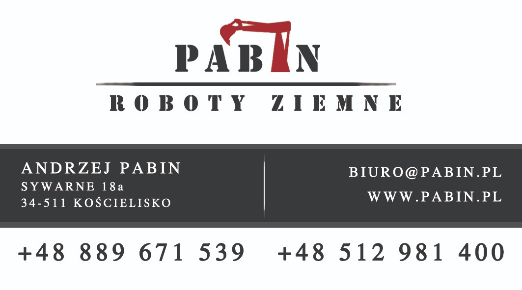 Logo firmy PABIN Roboty Ziemne z graficznym symbolem koparki, dane adresowe i kontaktowe.