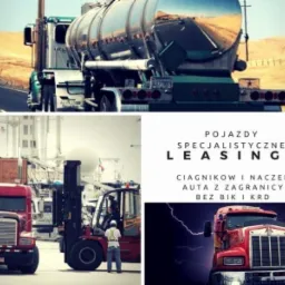 Kompozycja z trzech zdjęć ciężar&oacute;wek: cysterna na drodze z pustynnym krajobrazem w tle, czerwona ciężar&oacute;wka i w&oacute;zek widłowy na tle portu, oraz czerwona ciężar&oacute;wka z efektem piorun&oacute;w.