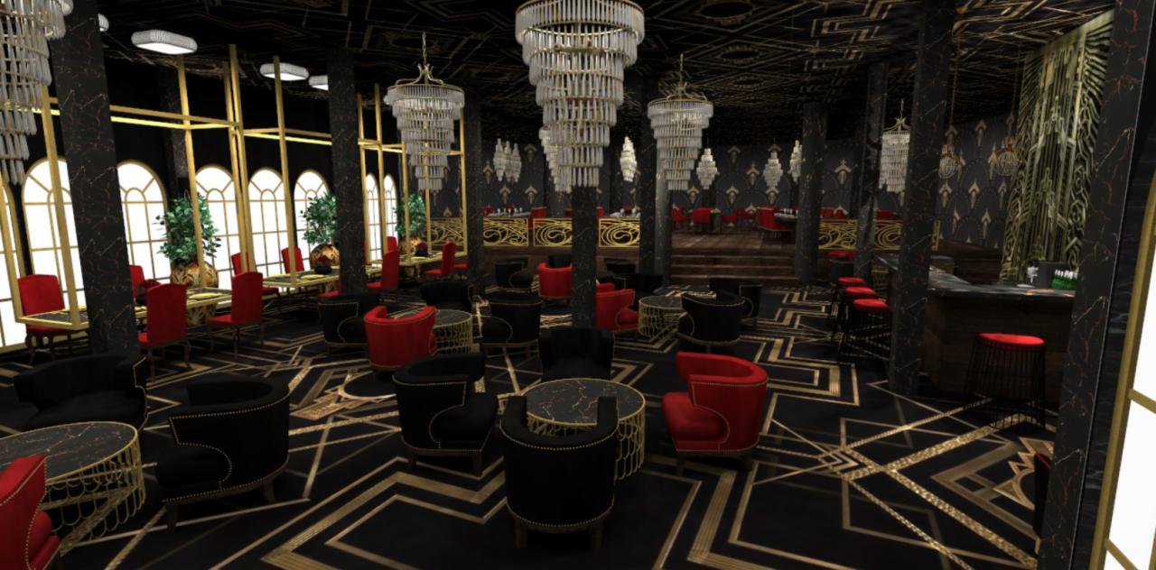Wnętrze restauracji w stylu Art Deco z czarno-złotą podłogą w geometryczne wzory, czerwonymi i czarnymi krzesłami oraz żyrandolami kaskadowymi.