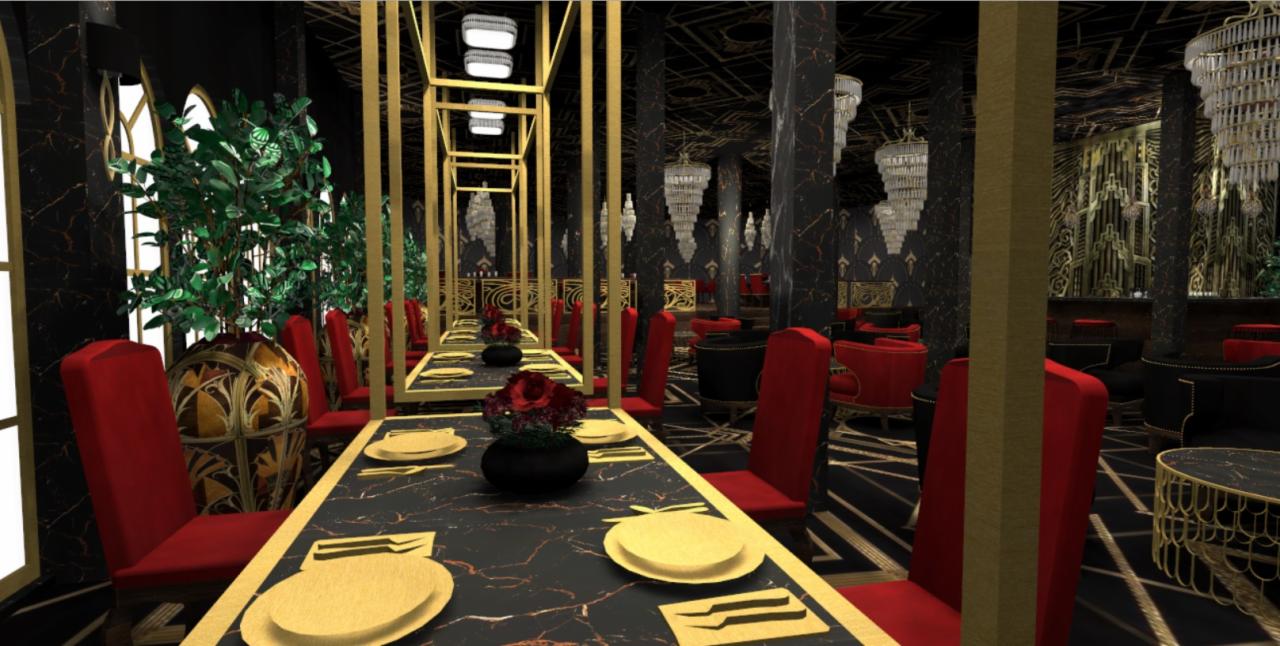 Wizualizacja wnętrza restauracji w stylu Art Deco z marmurowymi stołami, złotymi sztućcami i czerwonymi krzesłami, ozdobiona kryształowymi żyrandolami i roślinami w dekoracyjnych donicach.