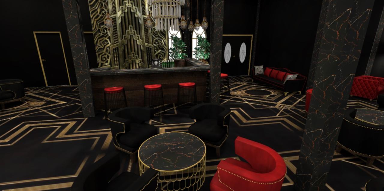 Wnętrze restauracji w stylu Art Deco z czarnymi meblami, czerwonymi akcentami i geometrycznymi wzorami na podłodze, widoczny bar z wysokimi stołkami i dekoracyjne oświetlenie.