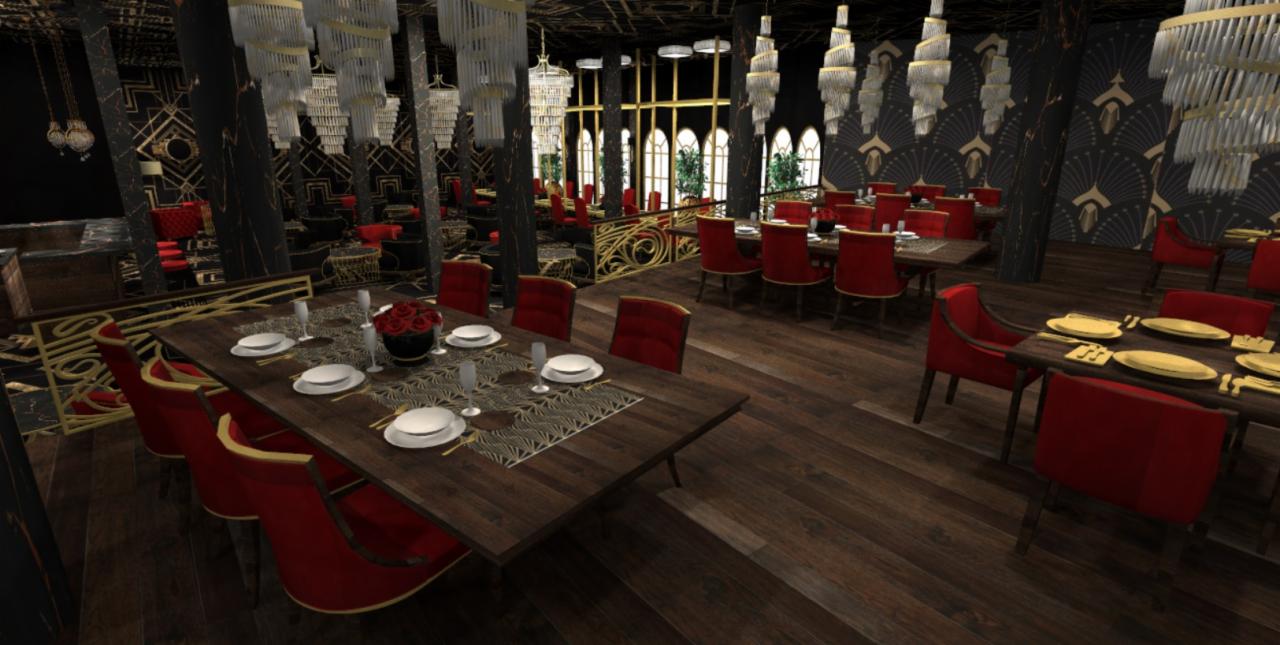 Wnętrze restauracji w stylu Art Deco z ciemnym drewnem, czerwonymi krzesłami i dekoracyjnymi żyrandolami, nakryty stół z kwiatami i szkłem.