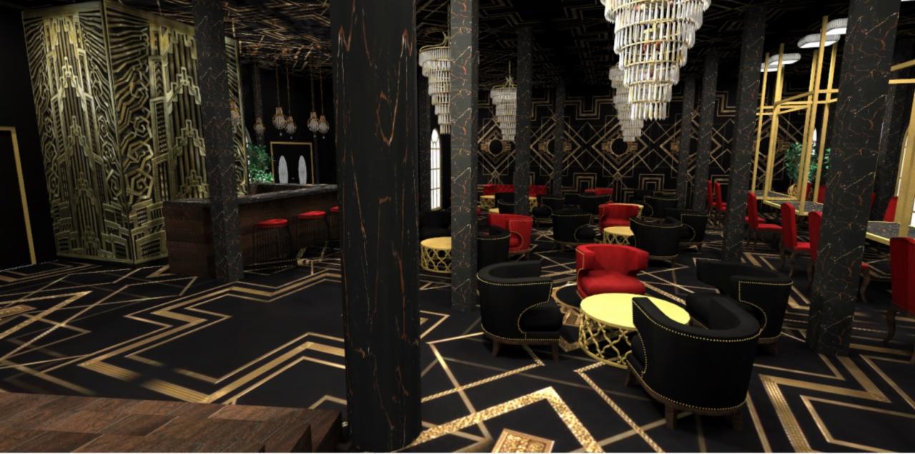 Wizualizacja wnętrza restauracji w stylu Art Deco: czarno-złota kolorystyka, geometryczne wzory na podłodze i ścianach, marmurowe kolumny, kryształowe żyrandole, bar z czerwonymi stołkami, czarne...