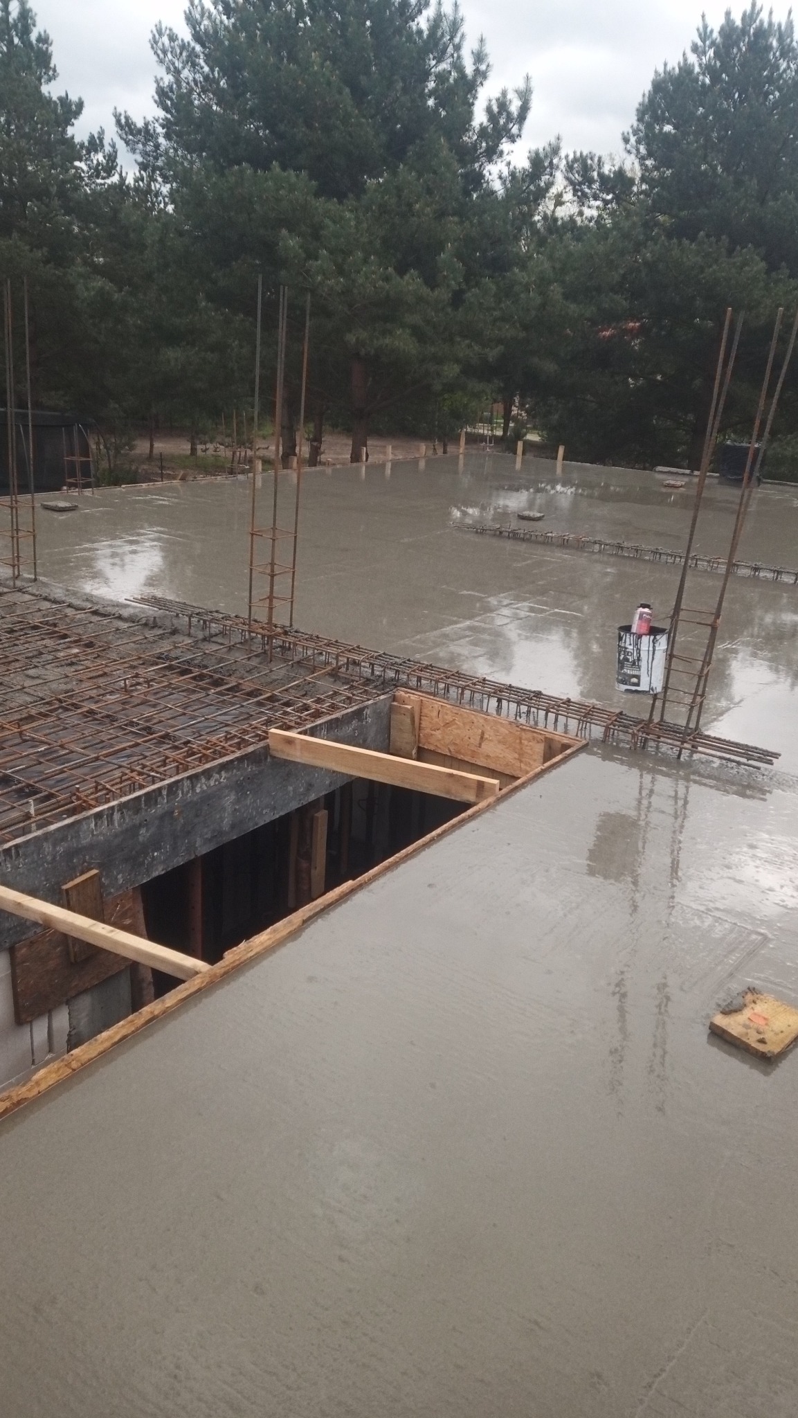 Zalany betonem strop z wystającymi prętami zbrojeniowymi, widoczne deskowanie i otwór w stropie, w tle drzewa iglaste.