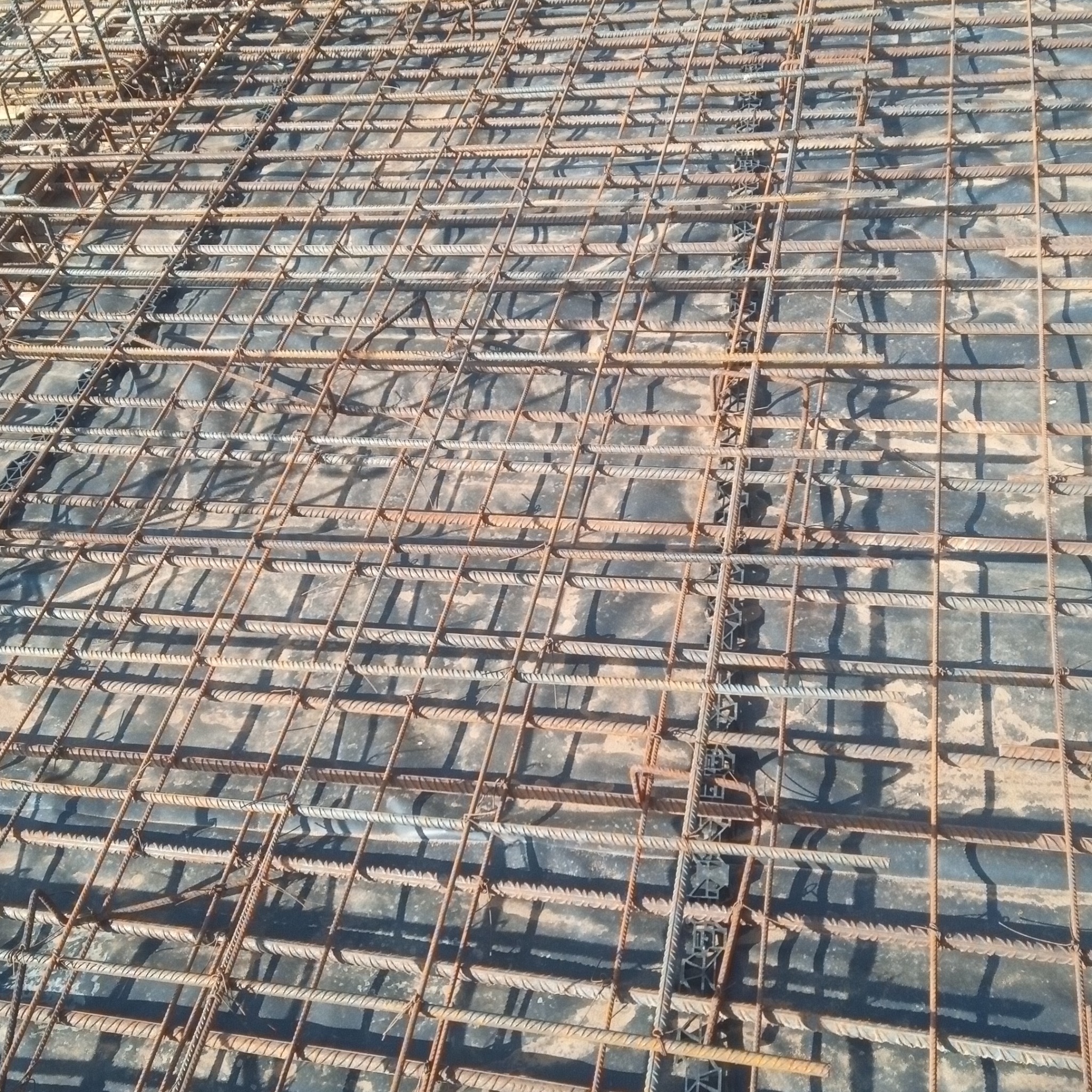 Siatka zbrojeniowa ułożona na czarnej folii, przygotowana do zalania betonem, widoczne plastikowe dystanse podtrzymujące zbrojenie.