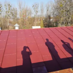Czerwony dach z blachy trapezowej, widoczne cienie osób stojących na dachu, w tle drzewa i budynki.