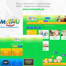 Zrzut ekranu responsywnej strony internetowej przedszkola i żłobka artystyczno-muzycznego Mamutatu, prezentujący logo, menu nawigacyjne, opcje wyboru placówki w Poznaniu i Swarzędzu,...