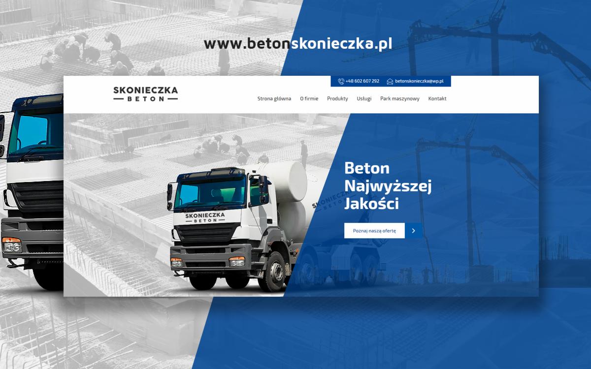 Strona internetowa firmy betonowej betonskonieczka.pl z grafiką betonomieszarki i hasłem 'Beton Najwyższej Jakości'.