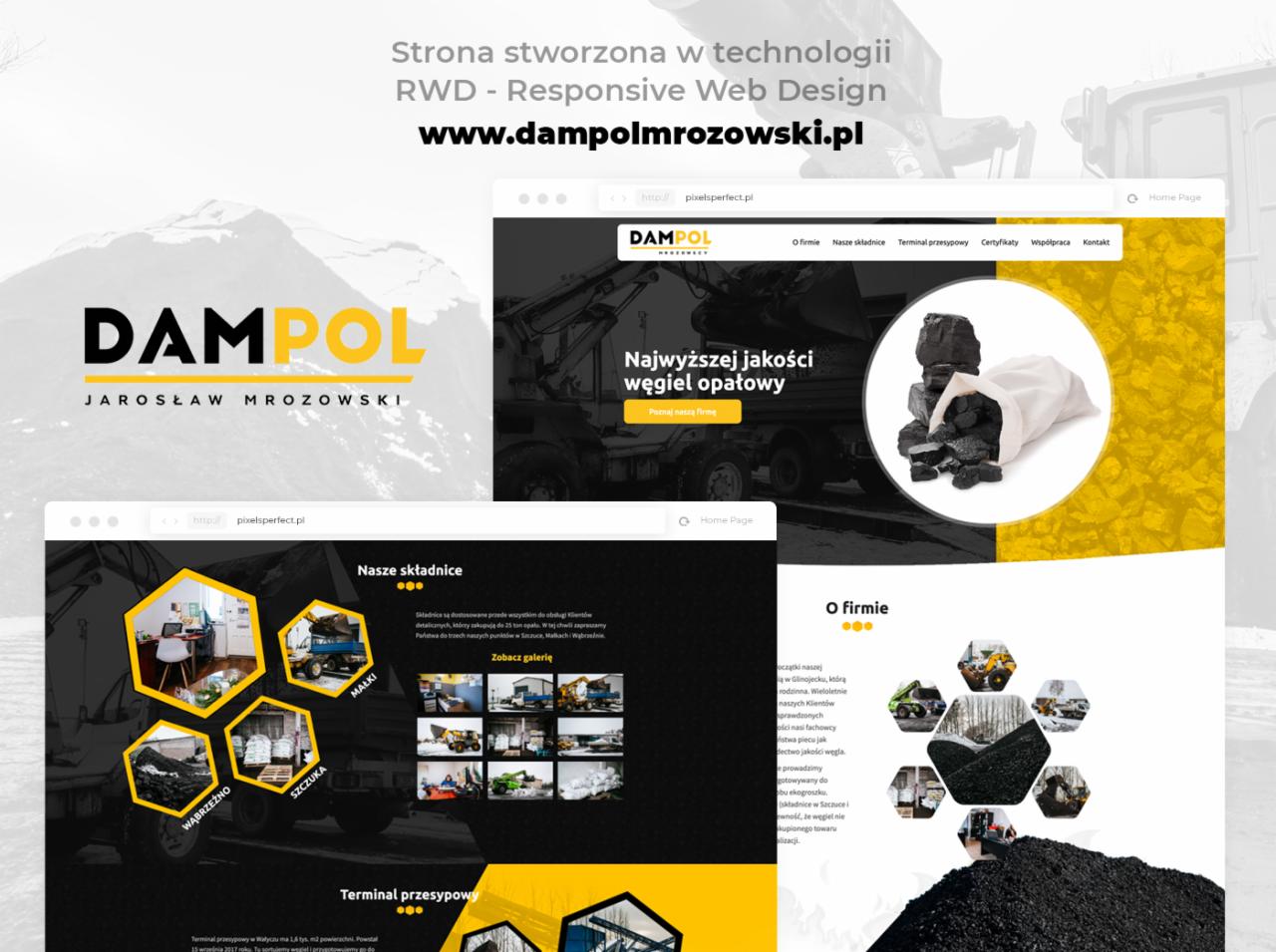 Responsywna strona internetowa firmy DAMPOL prezentująca ofertę węgla opałowego, z widocznymi sekcjami 'Nasze składnice' i 'O firmie', na jasnym tle z elementami graficznymi przedstawiającymi...