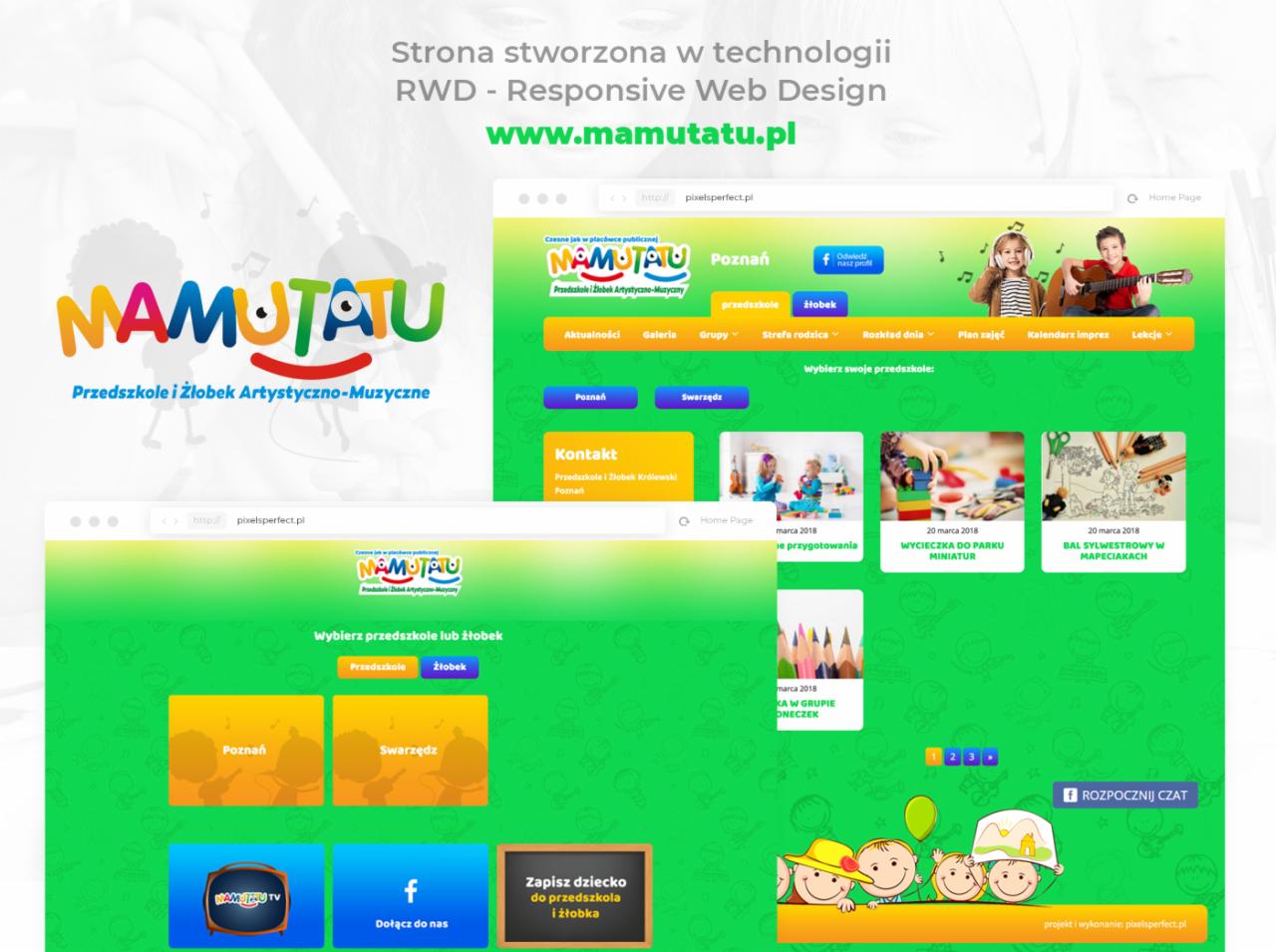 Zrzut ekranu responsywnej strony internetowej przedszkola i żłobka artystyczno-muzycznego Mamutatu, prezentujący logo, menu nawigacyjne, opcje wyboru placówki w Poznaniu i Swarzędzu,...