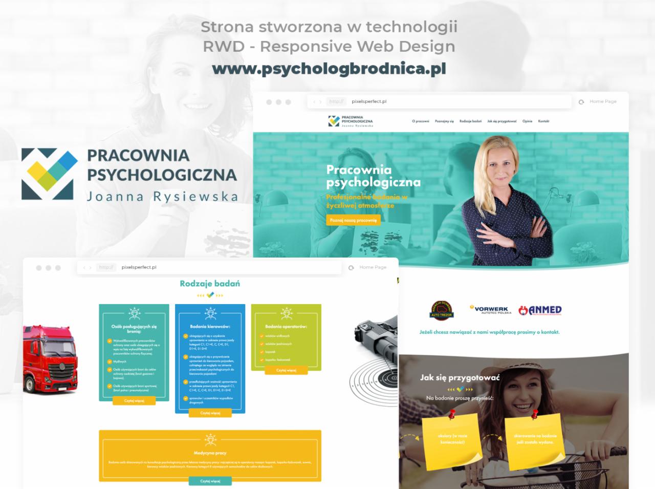 Strona internetowa pracowni psychologicznej z elementami responsywnego designu, prezentująca usługi, w tym badania kierowców i operatorów, oraz dane kontaktowe.