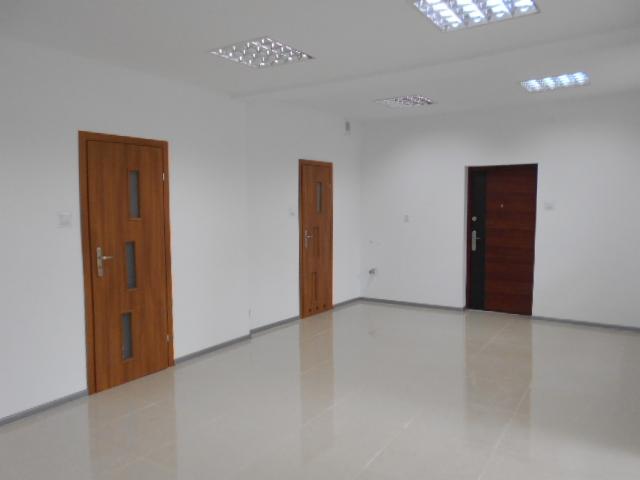 Puste, wyremontowane pomieszczenie biurowe z trzema drewnianymi drzwiami i błyszczącą, jasną podłogą z płytek ceramicznych, oświetlone przez kwadratowe lampy sufitowe.