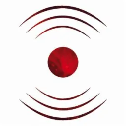 Abstrakcyjne logo: czerwona kula otoczona trzema parami półokręgów w odcieniach czerwieni, na białym tle.