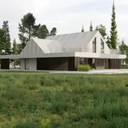 Nowoczesny dom jednorodzinny z dwuspadowym dachem w otoczeniu zieleni, widok z poziomu trawnika.