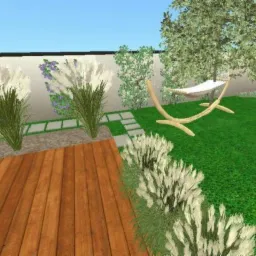 Wizualizacja ogrodu z drewnianym tarasem, ozdobnymi trawami, ścieżką z płyt i hamakiem na trawniku.