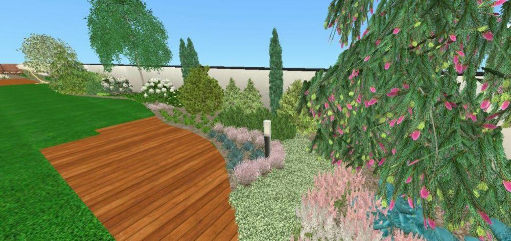 Wizualizacja ogrodu z drewnianym tarasem, różnokolorowymi rabatami kwiatowymi, krzewami i drzewami iglastymi oraz oświetleniem ogrodowym.