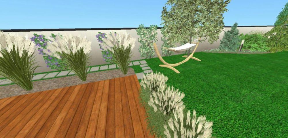 Wizualizacja ogrodu z drewnianym tarasem, ozdobnymi trawami, ścieżką z płyt i hamakiem na trawniku.