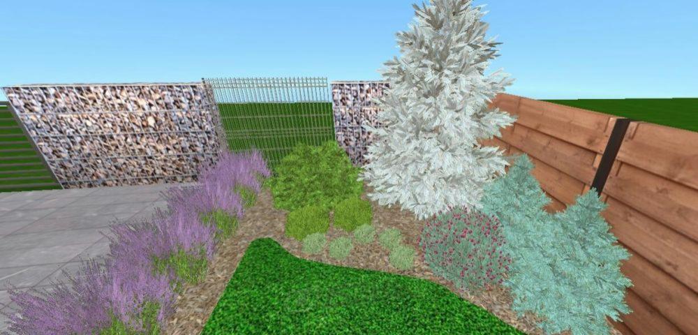 Wizualizacja ogrodu z gabionowym ogrodzeniem, drewnianym płotem, trawnikiem, lawendą i różnymi krzewami.