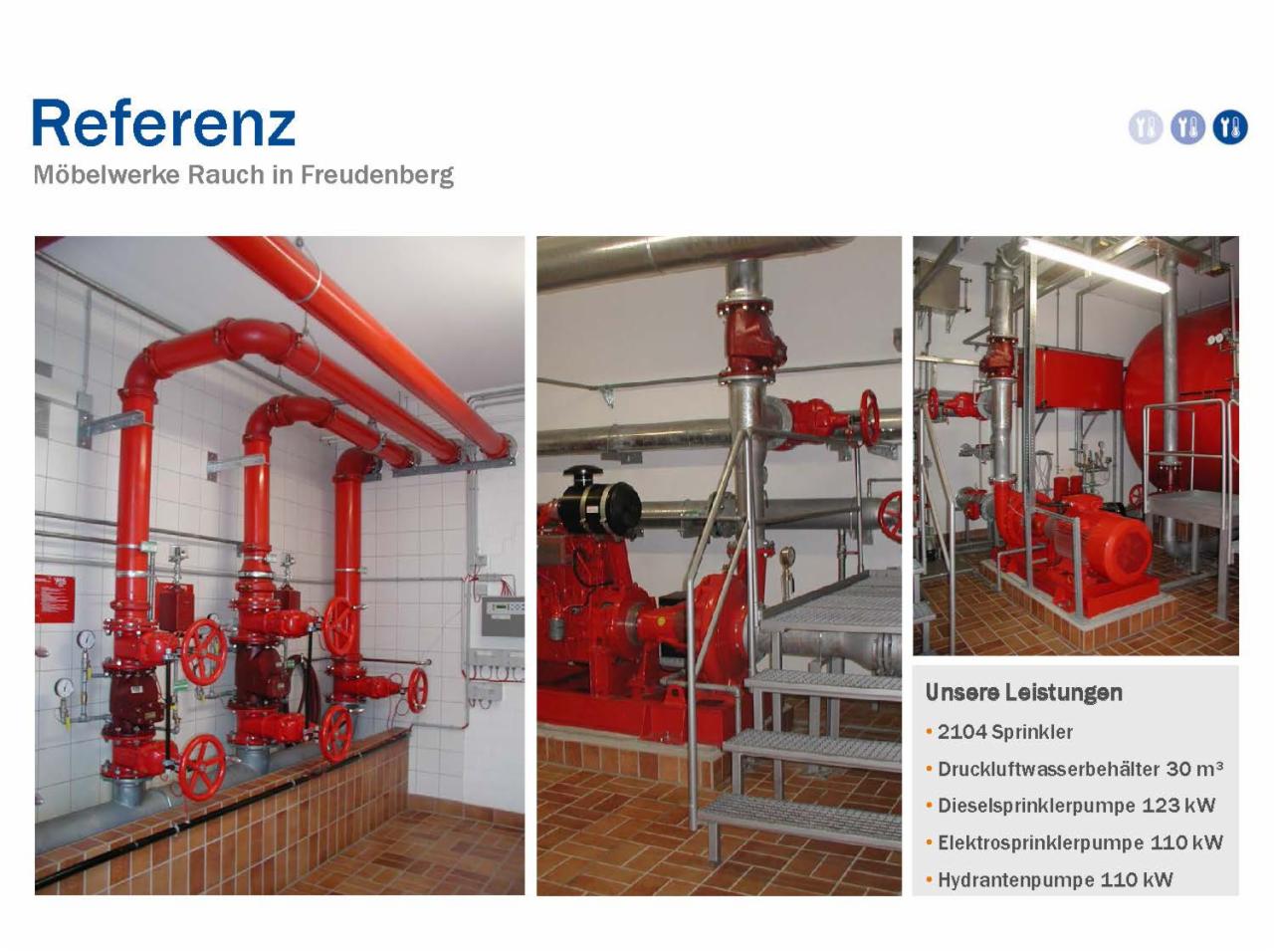 Instalacja przeciwpożarowa z czerwonymi rurami i zaworami w budynku przemysłowym, widok z trzech różnych perspektyw.