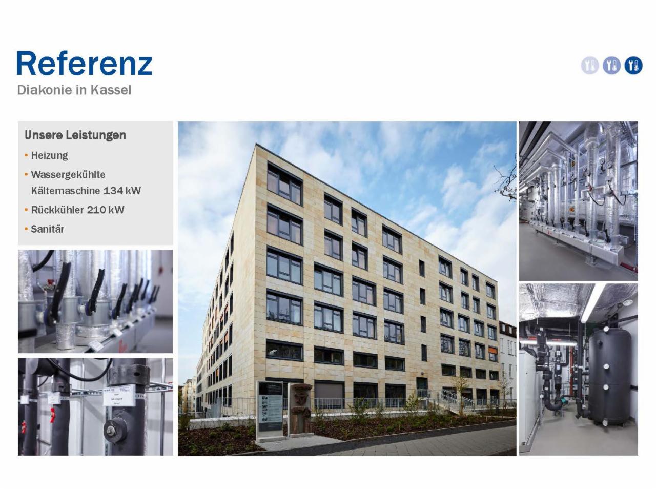 Referencyjna realizacja instalacji w budynku Diakonie w Kassel, prezentująca systemy grzewcze, chłodzenia wodnego i sanitarne. Na zdjęciu widoczny budynek z zewnątrz, oraz detale instalacji...