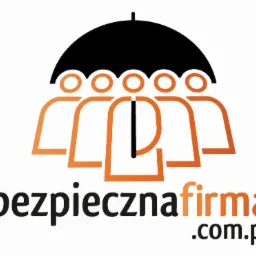 Logo firmy 'bezpieczna firma.com.pl' z motywem parasola i stylizowanych postaci, symbolizujące ochronę i bezpieczeństwo.
