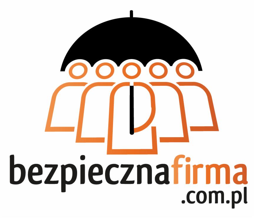 Logo firmy 'bezpieczna firma.com.pl' z motywem parasola i stylizowanych postaci, symbolizujące ochronę i bezpieczeństwo.