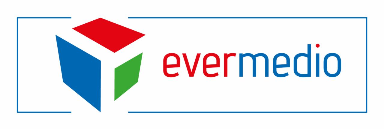 Logo firmy Evermedio z trójwymiarowym sześcianem w kolorach czerwonym, zielonym i niebieskim, otoczone cienką niebieską ramką.