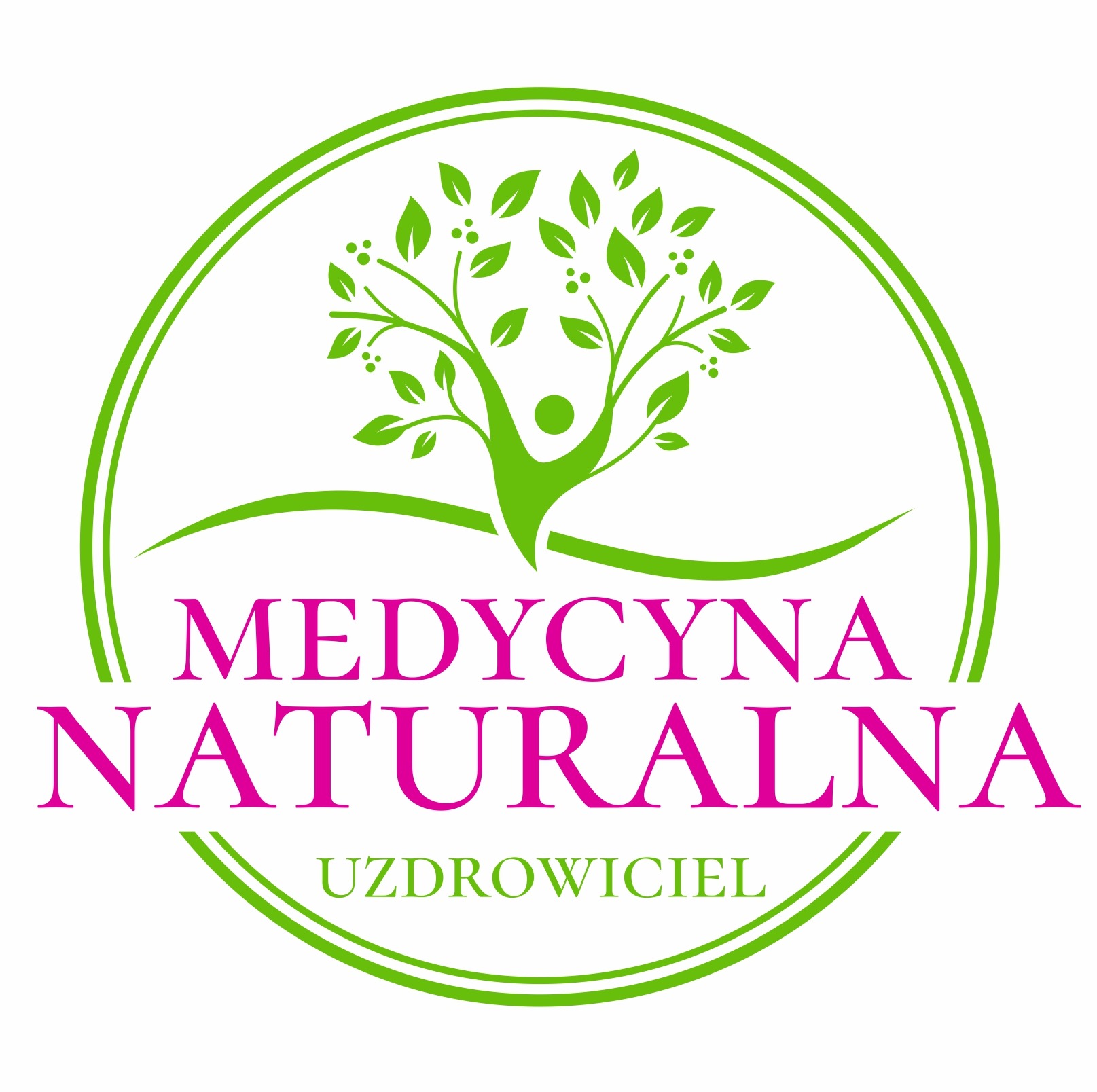 Zielono-różowe logo Medycyny Naturalnej z stylizowanym drzewem życia i napisem 'Uzdrowiciel' w okręgu.