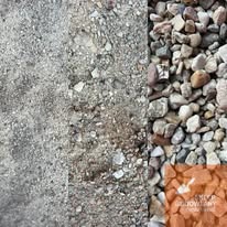 Mozaika tekstur: piasek, żwir i kamienie w różnych odcieniach szarości, beżu i brązu, tworzące naturalną paletę barw. Fragment logo w prawym dolnym rogu.