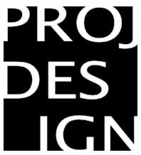 Czarno-białe logo z napisem 'PROJECT DESIGN' ułożonym pionowo, z elementami liter tworzącymi negatywną przestrzeń.