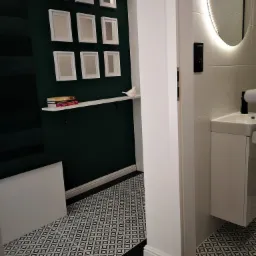 Nowoczesna łazienka z ciemnozieloną ścianą, białymi ramkami na zdjęcia, półką z książkami i ozdobną figurką ptaka, wzorzystą podłogą oraz umywalką z okrągłym lustrem z podświetleniem LED.