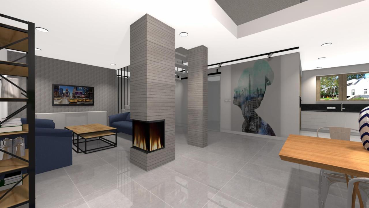 Wizualizacja salonu z kominkiem obudowanym szarą płytą, niebieską sofą, stolikiem kawowym i grafiką przedstawiającą profil kobiety z panoramą miasta w tle.