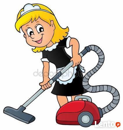 Karykaturalna ilustracja uśmiechniętej blondynki w stroju pokojówki, odkurzającej podłogę czerwonym odkurzaczem.