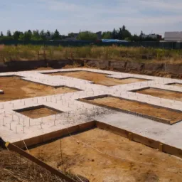 Wylany fundament pod budowę domu, widoczne zbrojenia i drewniane szalunki, teren przygotowany pod budowę.