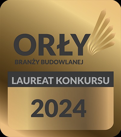 Złota odznaka z napisem 'Orły Branży Budowlanej', informująca o zdobyciu tytułu Laureata Konkursu w roku 2024.