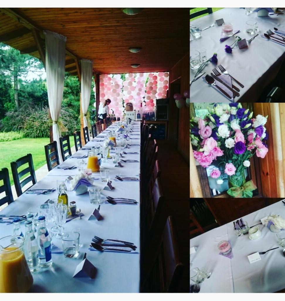Długi stół nakryty białym obrusem, zastawiony szklankami, sztućcami i napojami, przygotowany na przyjęcie pod drewnianą wiatą z białymi zasłonami, udekorowaną girlandą z różowych balonów.