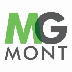 Logo firmy MG MONT z zieloną literą M i szarą literą G, pod spodem szary napis MONT.