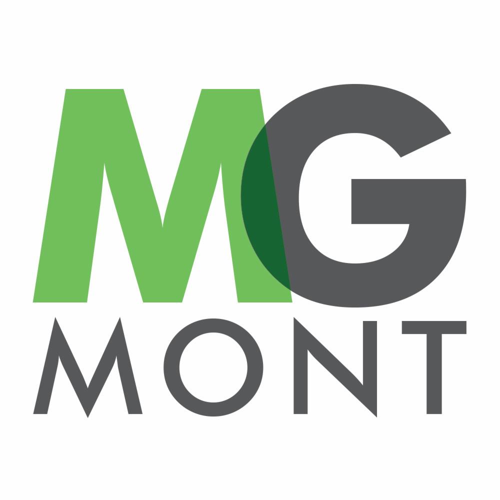 Logo firmy MG MONT z zieloną literą M i szarą literą G, pod spodem szary napis MONT.