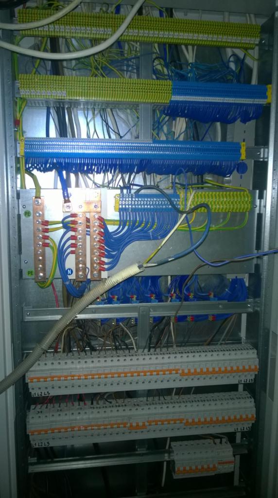 Wewnętrzny widok szafy elektrycznej z licznymi przewodami w kolorach niebieskim, żółto-zielonym i szarym, połączonymi z listwami zaciskowymi i szynami zbiorczymi. Widoczne oznaczenia PE, N oraz L1,...