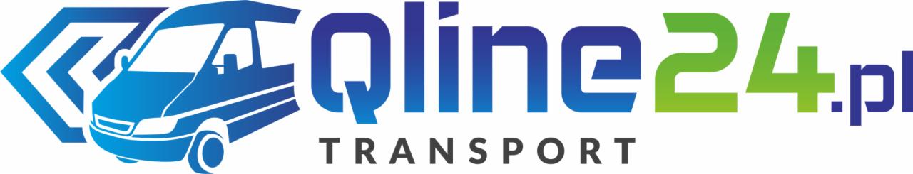 Logo firmy transportowej Qline24.pl z Działdowa, przedstawiające stylizowany niebieski samochód dostawczy i napis TRANSPORT.