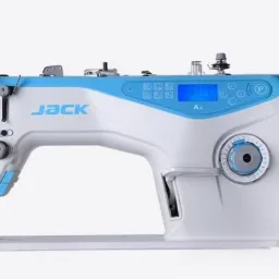 Profesjonalna maszyna do szycia JACK A4 z elektronicznym wyświetlaczem, biało-błękitna obudowa, widoczne detale mechaniczne i regulacja parametrów