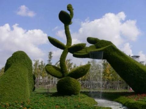 Oryginalne topiary z bukszpanu: ręka lejąca wodę na roślinę, fontanna w tle, błękitne niebo z chmurami.