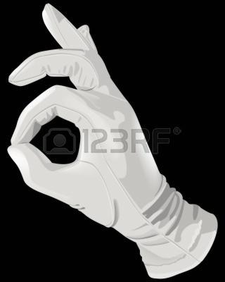 Grafika wektorowa dłoni w białej rękawiczce, ułożonej w gest 'OK' na czarnym tle.