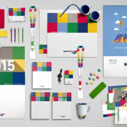 Zestaw artykułów biurowych i promocyjnych firmy Brenntag, w tym kalendarze ścienne i biurkowe, torba papierowa, smycze, długopisy, kubki i inne gadżety, utrzymane w spójnej kolorystyce i stylistyce...