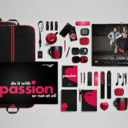 Zestaw gadżetów reklamowych w kolorach czerni i czerwieni, w tym torby na ubrania, kalendarze ścienne i biurkowe, notesy, długopisy, smycze, breloki, kubki oraz drobne akcesoria, wszystkie...