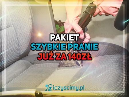 Pranie tapicerki samochodowej z użyciem odkurzacza piorącego, widoczny napis 'Pakiet szybkie pranie już za 140zł' i adres strony internetowej.