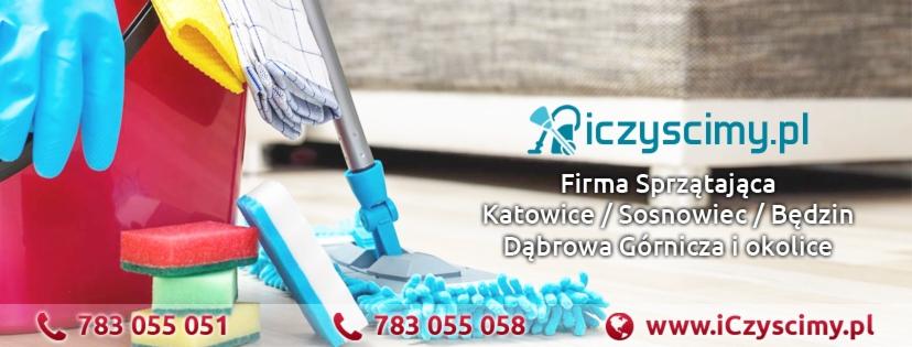 Reklama firmy sprzątającej: wiadro, gąbki, mop z niebieskimi frędzlami, rękawice ochronne i logo firmy z numerami telefonów i adresem strony internetowej.