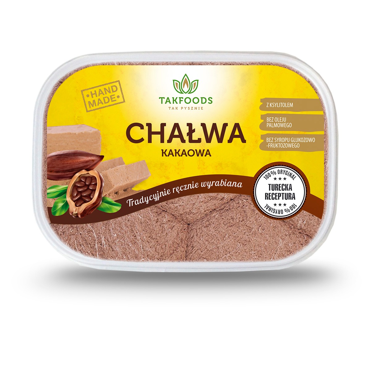 Opakowanie chałwy kakaowej z napisem 'Tradycyjnie ręcznie wyrabiana', z widocznym ziarnem kakaowca i informacją o braku oleju palmowego oraz syropu glukozowo-fruktozowego.